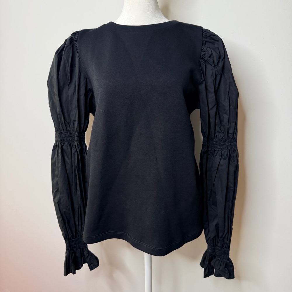 ADDISON‎ BAY Luxe Black Smocked Puff Sleeve Pullover Blouse Medium NWT $168